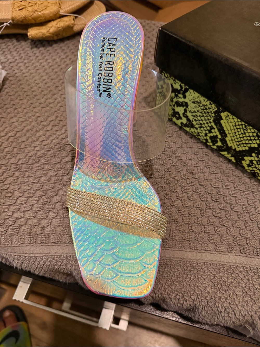 Cape Robbin Iridescent Holographic Slide with Clear Strap and Rhinestone Accent